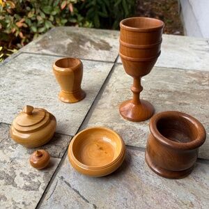 Primitive Hand Turned Wood Working Art Vases -Lidded-Mini-Cup-Bowl Vintage Lot.